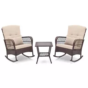 3 PCS Patio Rocker Set Outdoor Wicker Rocking Chairs w/Double-Layer Coffee Table - Picture 1 of 10