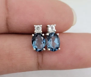 London Blue Topaz Studs 925 Solid Silver Oval Cut Earring Engagement Gift - Picture 1 of 8