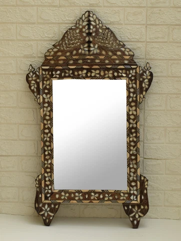 Vintage Moroccan Wall Hanging Mirror Frame, Mother of Pearl Inlaid Wooden Frame Cover