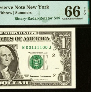 1999 $1 New York FRN PMG 66EPQ gem binary-radar-rotator serial number 00111100 - Bild 1 von 3