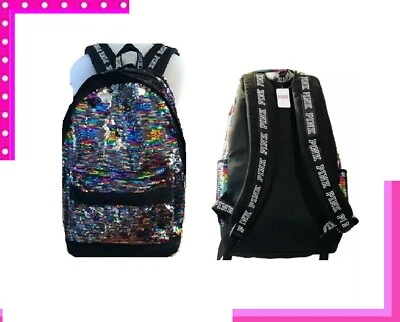 BLING Victoria Secret Pink RAINBOW BLACK CAMPUS BACKPACK BOOK BAG CARRYON TRAVEL - Image 1 of 4