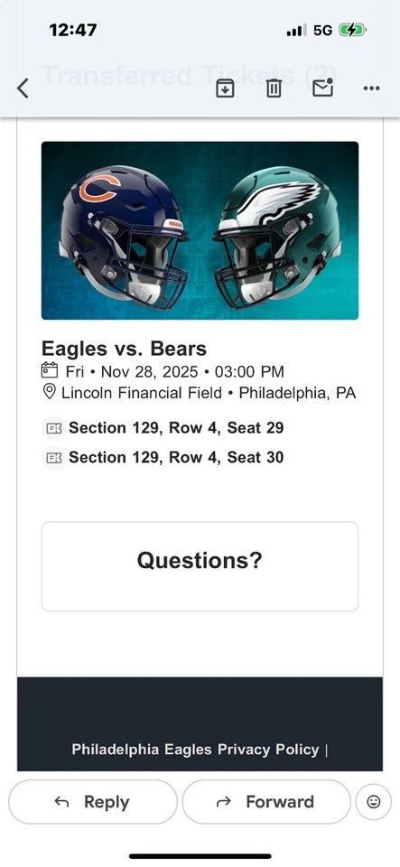 Eagles Vs Bears 2 Tickets Section 129 Row 4 - Image 1 of 1