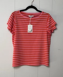 Free Assembly Women's Red/Pink Organic Cotton Striped Top Flutter Sleeves Sz M - Picture 1 of 14