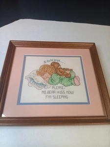 Vintage Framed Needlepoint Sleeping Baby Cross Stitch Embroidered Handmade - Picture 1 of 5