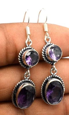 Orecchini Pendenti Etnici Fatti A Mano In Gemma Di Ametista Gioielli ER 035 - Immagine 1 di 3