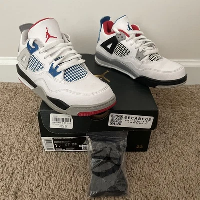 Nike Air Jordan IV 4 What The 4 SE branco vermelho azul cimento tamanho 1Y (BQ7669-146) - Imagem 1 de 4