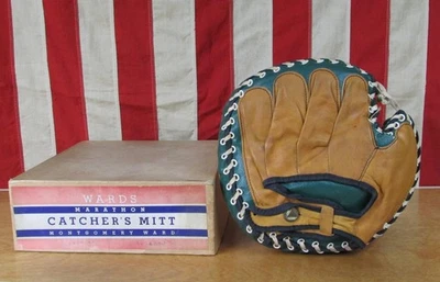 Guante de béisbol vintage de los años 50 Marathon Wards de cuero con caja original nuevo de colección Foto 1 de 4