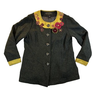 Icelandic Designs Women's XL Wool Jacket Floral Embroidery Lined Dark Gray Boho - Picture 1 of 14