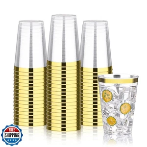 BESTVIP 12oz Gold Plastic Cups, 100 Pack Gold Rimmed Disposable Cups, Heavy-d - Picture 1 of 5