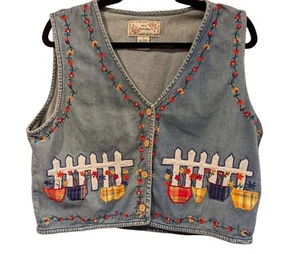 VTG 90's Denim Floral Embroidered Vest Blue Cotton New Directions Sz Large - Picture 1 of 6