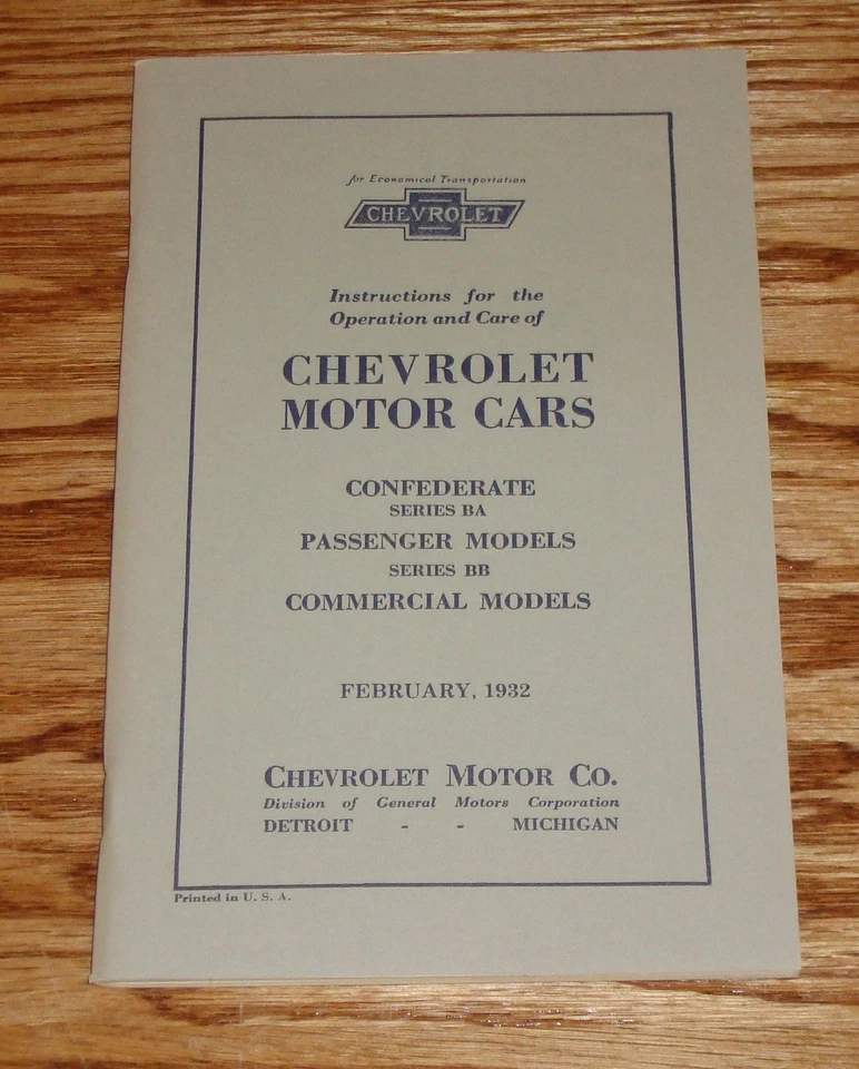 Chevrolet 1932 manual para propietarios de autos confederado BA pasajero comercial 32 Chevy Foto 1 de 1