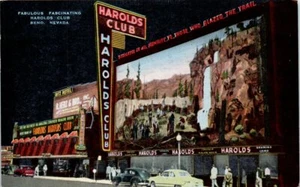 1950s NV Postcard Harolds Club Reno Nevada Western Mural Street View Old Cars - Picture 1 of 2
