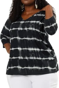Agnes Orinda Women's Plus Sz 3X T-shirt Black & White Tie Dye 3/4 Sleeve Top NWT - Picture 1 of 4