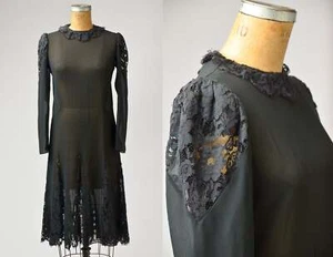 1970s Goth Dress Black Nude Illusion Lace Cut Out Flapper Style Dress - Picture 1 of 7