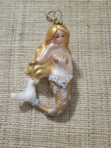Pottery Barn Glittered Mercury Mermaid Gold Glass Christmas Ornament - Picture 1 of 3