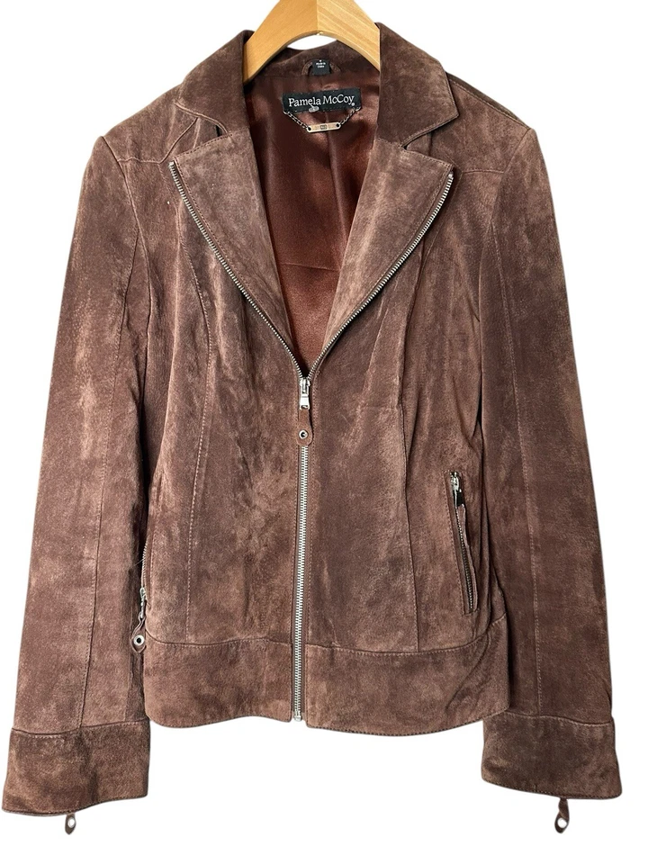 Pamela McCoy 麂皮绒棕色西部摩托车摩托车经典中性棕色夹克 Sm — 第 1/4 张图片