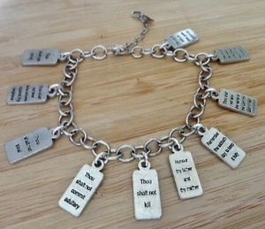 Bracciale 7-8,5" Regolabile 8x19mm DIECI Comandamenti Argento Peltro Charm - Foto 1 di 6