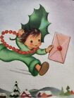 Vtg Christmas Greeting Card Brownie Pixie Running Holly Berry Necklace Town 50S