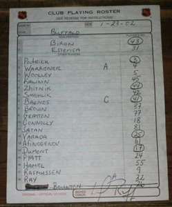 BUFFALO SABRES ST LOUIS BLUES JANUARY 2002 SIGNED LINEUP CARD DEMITRA 3 ASSISTS - Picture 1 of 1