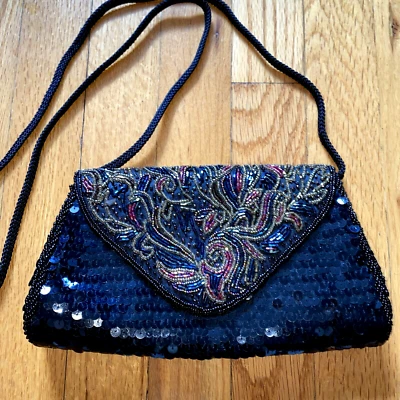 Bolso Y2K Vintage Negro Lentejuelas Cuentas a Mano Noche Seda Tapiz Cartera 9" x 5" Foto 1 de 4