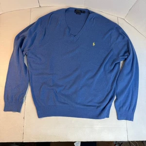 Ralph Lauren Men's 2XL Sweater Preppy Pony Blue Pima Cotton V-neck Jumper EUC - Picture 1 of 12