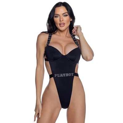 花花公子泳装水钻标志印花宽肩带高切 Cheeky 黑色 PBS106 — 第 1/3 张图片