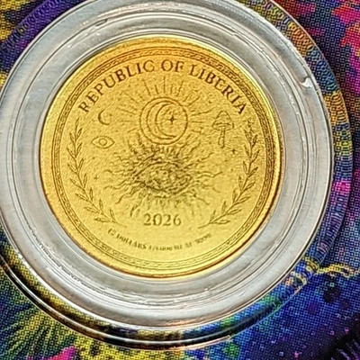 Moneda de oro Liberia Magic Mushroom de 1/1000 oz de oro .9999 en tarjeta Foto 1 de 4