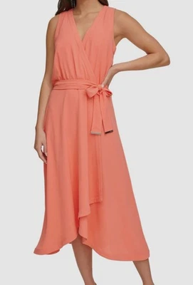 DKNY Women's Orange Faux-Wrap Lined Sleeveless Tie-Waist MIDI Dress Size 16 - Image 1 of 2