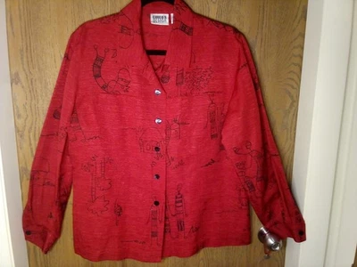 Chaqueta abotonada con estampado étnico negra roja seda y lino Chico años 80 nueva sin etiquetas talla 2 Foto 1 de 4