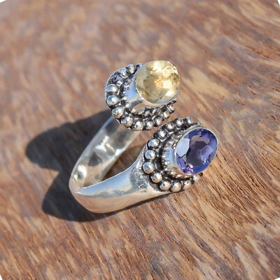 Citrine Topaz & Amethyst Cut Gemstone 925 Sterling Silver Women's Jewelry  Ring - Image 1 of 4