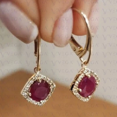 4.00ct Round Cut Natural Red Ruby & Diamond Earring 14K Yellow Gold Plated - Image 1 of 4