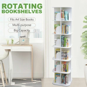 Square 6-Tier Swivel Rotating Storage Display Bookcase Bookshelf White 190cm - Picture 1 of 5