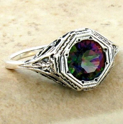 RAINBOW MYSTIC QUARTZ 925 STERLING SILVER DECO ANTIQUE STYLE FILIGREE RING  122X - Image 1 of 4