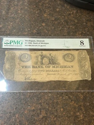SASA 1830s The Bank Of Michigan Detroit $2 Serial Number 11 Pmg Vg8 - Image 1 of 4