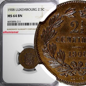 Luxembourg William III 1908 2-1/2 Centimes NGC MS64 BN 1 GRADED HIGHER KM# 21(1) - Picture 1 of 4