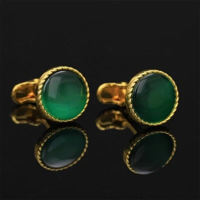 Gemelos Vintage Dorado Para Hombre Puño Botones Verde Redondo Cristal Joyería Boda Foto 1 de 4