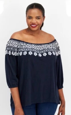 Tommy Hilfiger Marrakech Floral Embroidered Top Boho Peasant Navy Size 1X New - Image 1 of 4