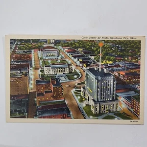 Civic Center By Night Oklahoma City Vintage Birds Eye View Linen Postcard - Picture 1 of 6