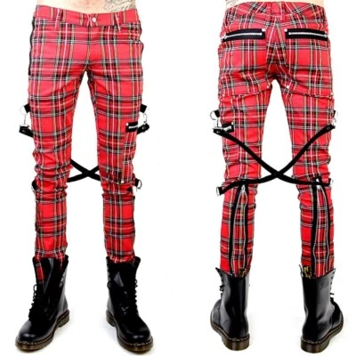 Pantalón Gótico Bondage Rojo A Cuadros Hombre Alternativo Punk Rebelde Rock EMO Pantalón Pantalón Foto 1 de 4