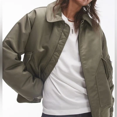 Topshop Sarga Nylon Bomber Chaqueta Damas Talla Pequeña 4-6 Caqui Verde Marrón Foto 1 de 4