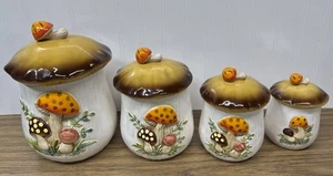 1978 Sears Roebuck Merry Mushroom Ceramic 4 Piece Kitchen Canister Set - Picture 1 of 24