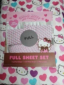 JUEGO DE SÁBANAS COMPLETAS DE 4 PIEZAS HELLO KITTY & FRIENDS 100% ALGODÓN ROSA LAZOS, ¡Nuevo! - Imagen 1 de 4