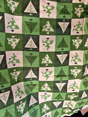 Christmas Cotton  GLITTER  Green & White Christmas Trees in Squares 39" X 27" - Image 1 of 4