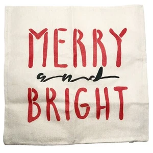 NEW Pillow Cover 18” “Merry And Bright” Burlap Red - Picture 1 of 5