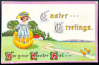 1915 Antik Ostergrüße Postkarte Vintage Briefmarkenkarte Cartoon Mädchen Kind