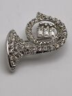 French Horn Musical Instrument Rhinestone Rhodium Plated Silver Brooch Pin  1.5”