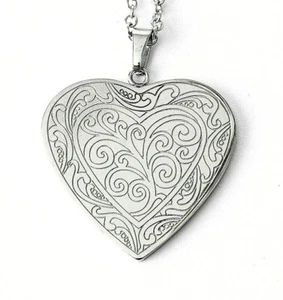 STAINLESS STEEL LARGE HEART PENDANT WITH ENGRAVED SCROLL DESIGN, 18" CHAIN - Picture 1 of 3