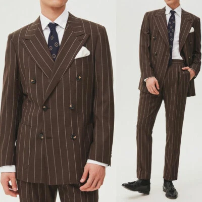 Hombres Marrón Trajes a Rayas Doble Pecho Chaqueta Pantalón Pico Solapa Negocios Oficina Foto 1 de 4