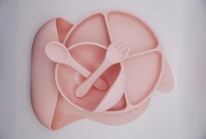 PINK Baby Feeding Set Food Grade Silicone Suction Cup Bowl Plate Utensils Bib - Picture 1 of 10