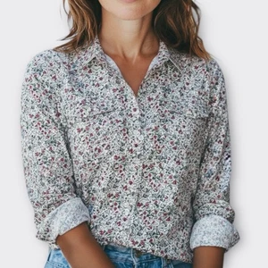 Camisa TOMMY HILFIGER para mujer con botones lengüeta enrollable floral cabaña roja azul multi L - Imagen 1 de 7